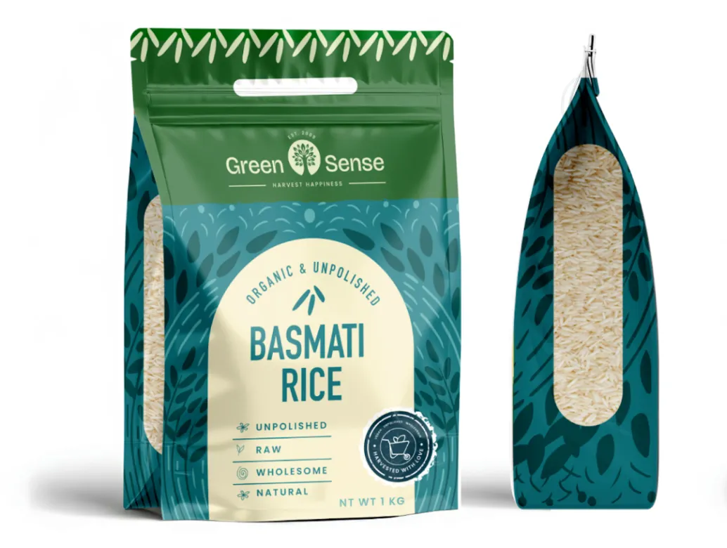 Green Sense Basmati Rice transparent window packaging design by Confetti 