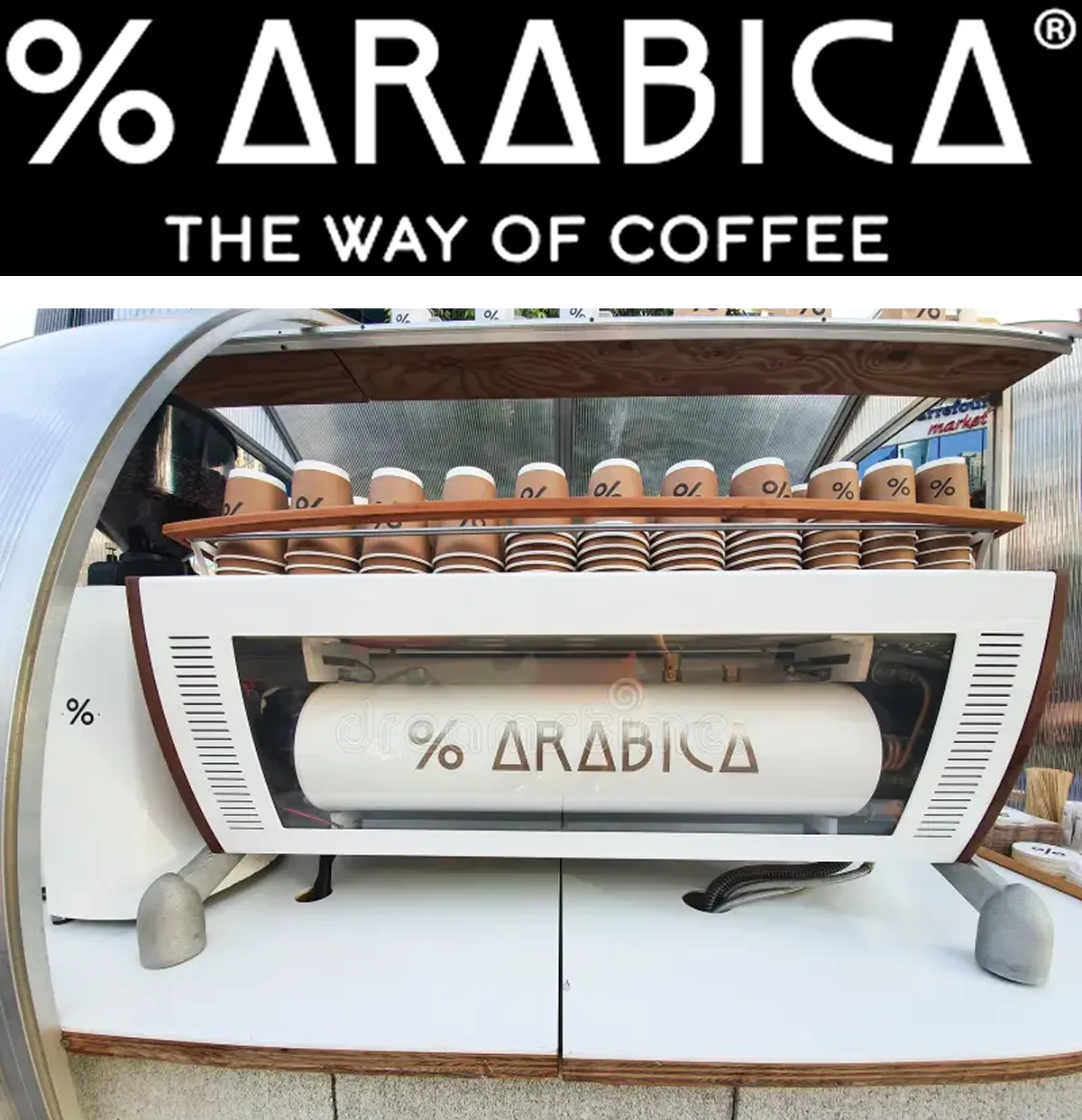 % Arabica Logo and Coffee machine
