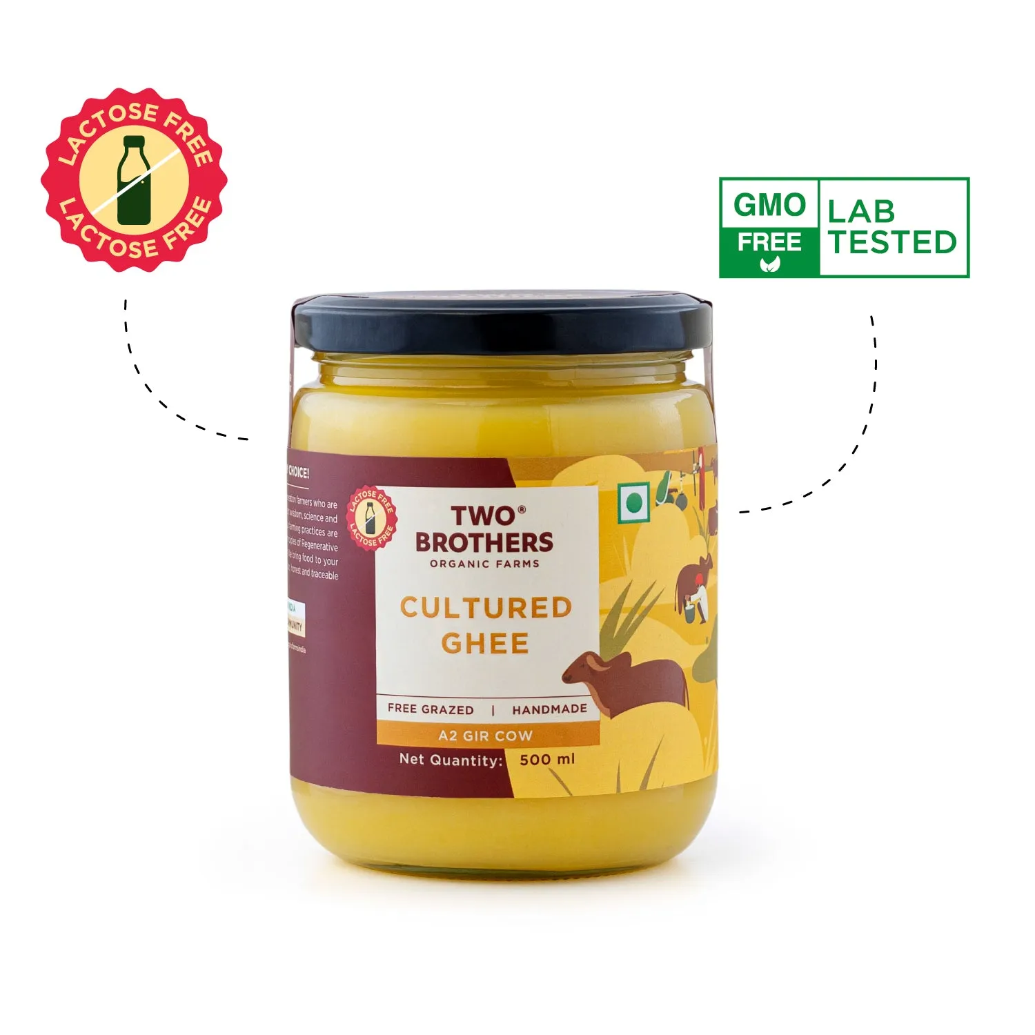 Two Brothers A2 cow cultured ghee packaging detail featuring premium positioning and transparency