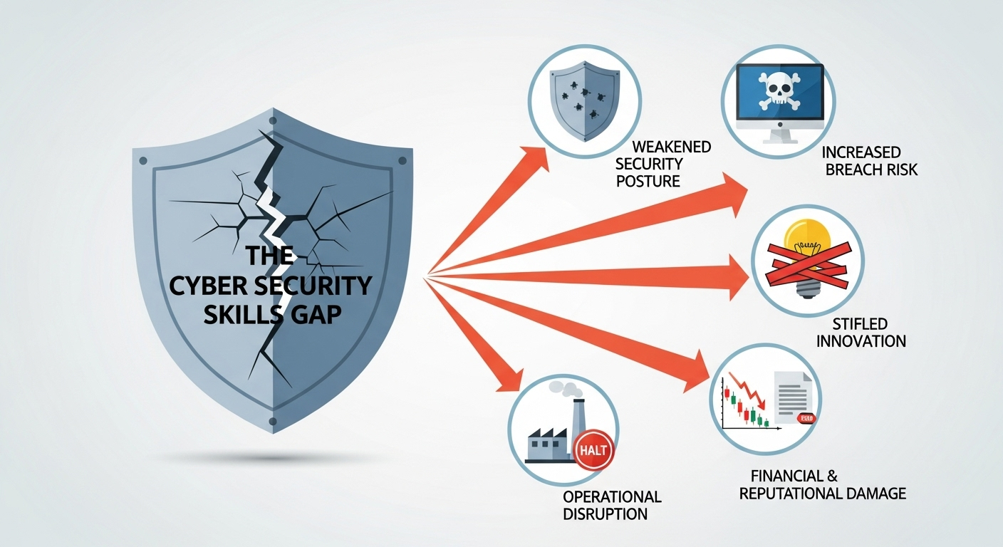 A conceptual infographic illustrating the business impact of the cybersecurity skills gap. A central cracked shield labeled 'Skills Gap' has arrows pointing to five consequences: Weakened Security Posture, Increased Breach Risk, Stifled Innovation, Operational Disruption, and Financial & Reputational Damage, each with a corresponding icon.