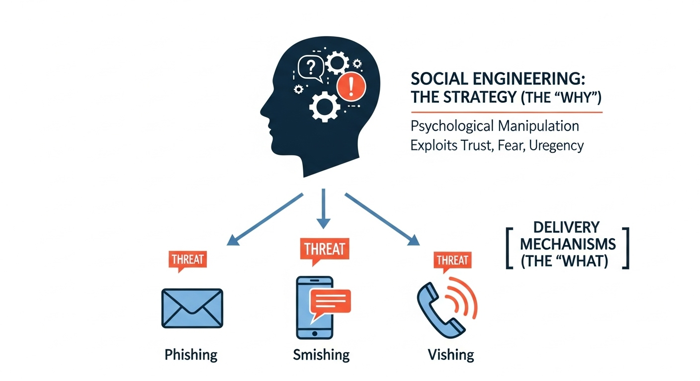 A conceptual diagram showing Social Engineering as the overarching strategy, represented by a large icon of a human head. Arrows point from it to three specific delivery mechanisms: an email icon for Phishing, a text message icon for Smishing, and a phone icon for Vishing.