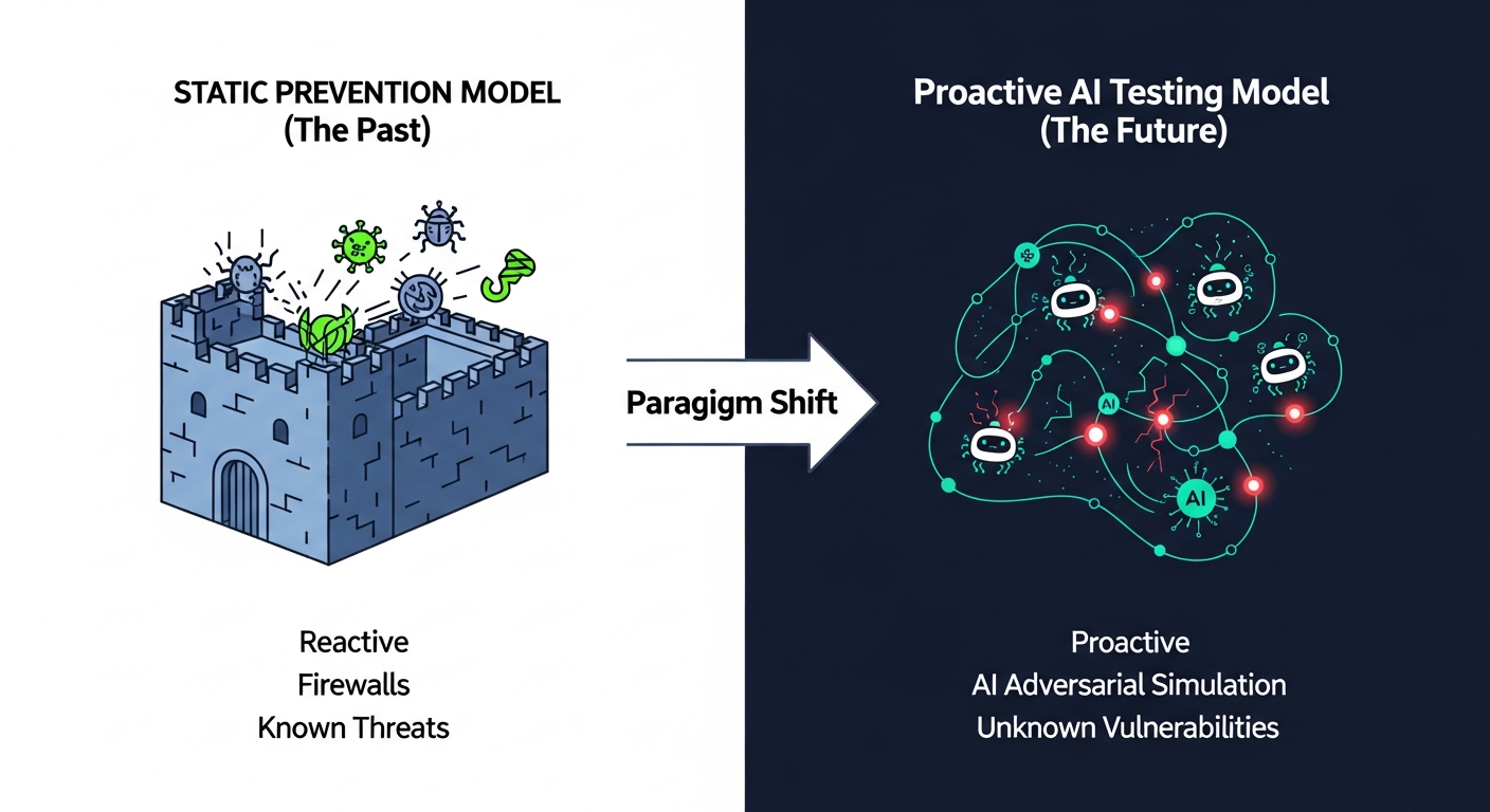 A diagram comparing the old static prevention cybersecurity model, shown as a fortress defending against known threats, to the new proactive AI testing model, shown as an adaptive network where AI actively finds and fixes vulnerabilities.