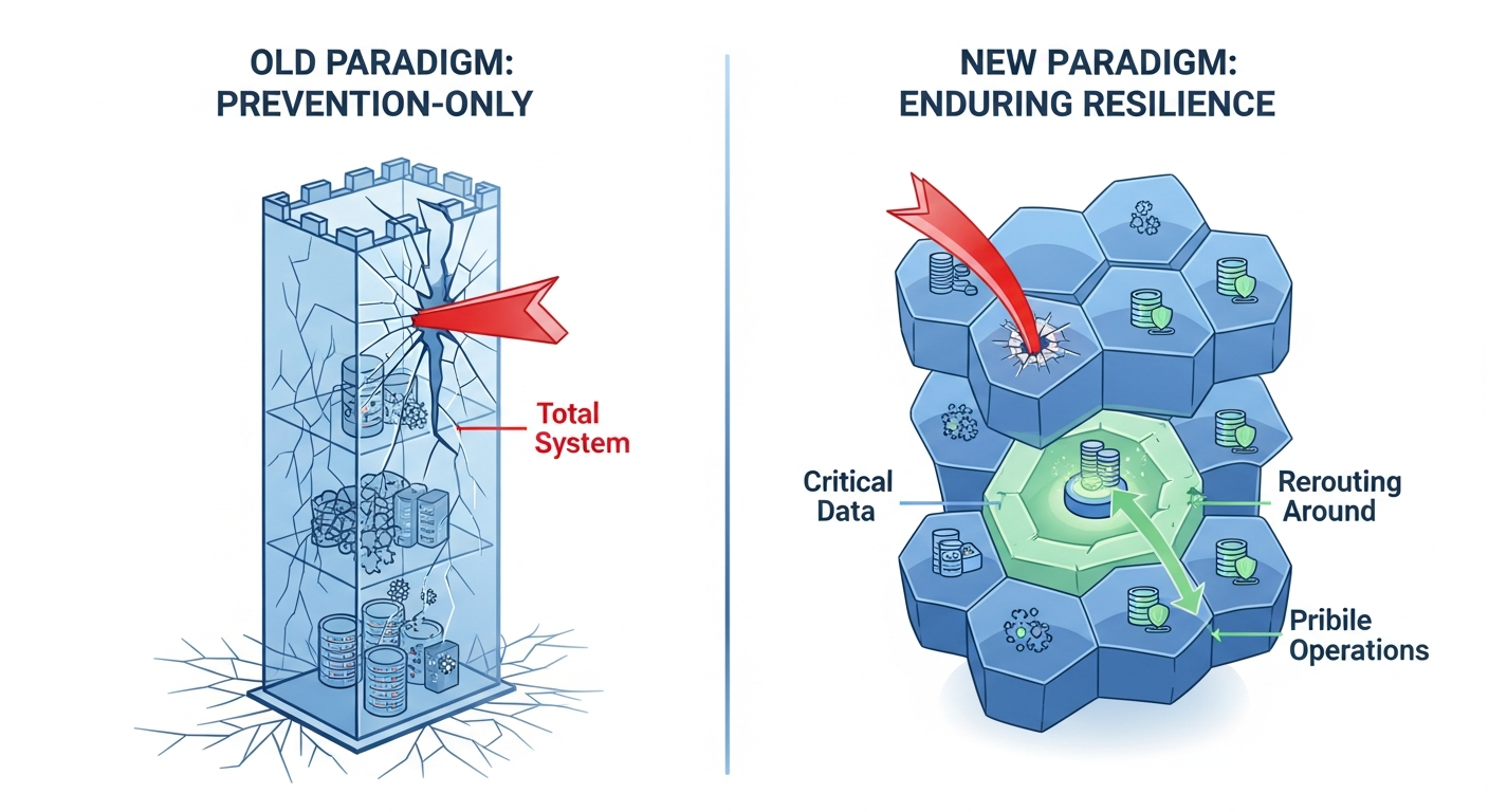 A comparative diagram showing the shift in cybersecurity strategy. The 'Prevention-Only' model is a fragile glass fortress that shatters from one attack. The 'Enduring Resilience' model is a flexible, multi-layered system that contains the damage from an attack and maintains core functions.