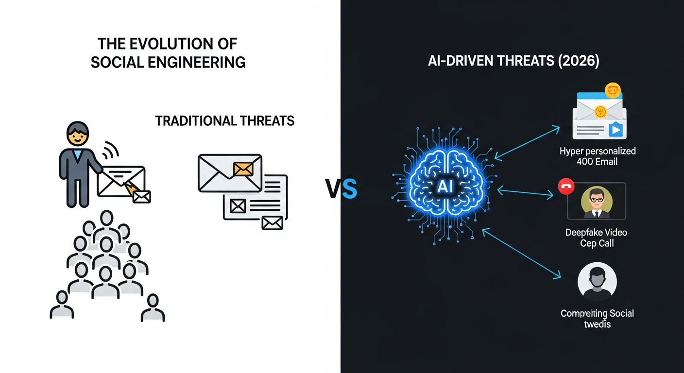 An infographic comparing traditional social engineering to AI-driven threats in 2026. The left side shows a generic phishing email sent to many people. The right side shows an AI creating a hyper-personalized email, a deepfake video call, and a fake social media profile to target one specific person.