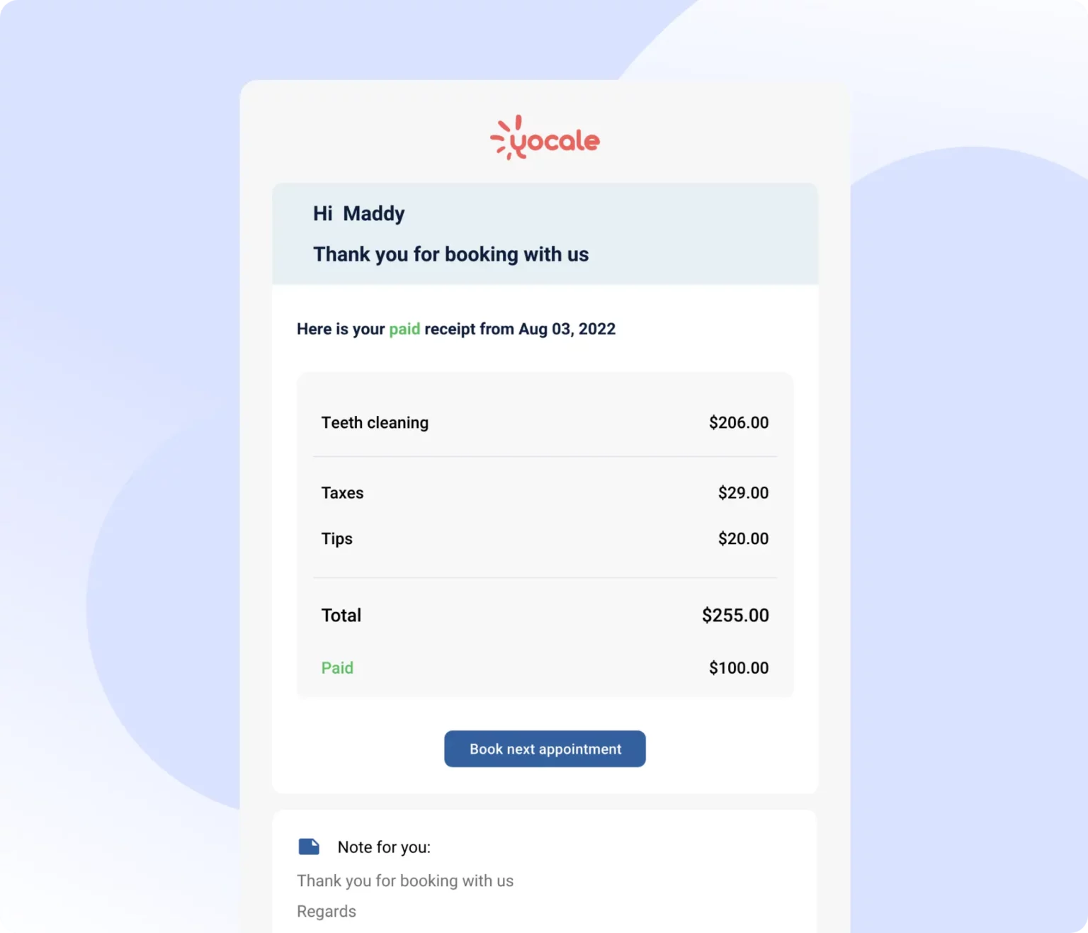 Yocale's software: upfront payments with billing 