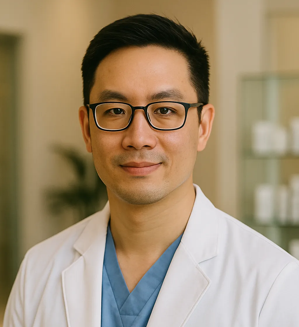 Portrait of a smiling male doctor wearing glasses, a white coat, and blue scrubs in a clinical setting.