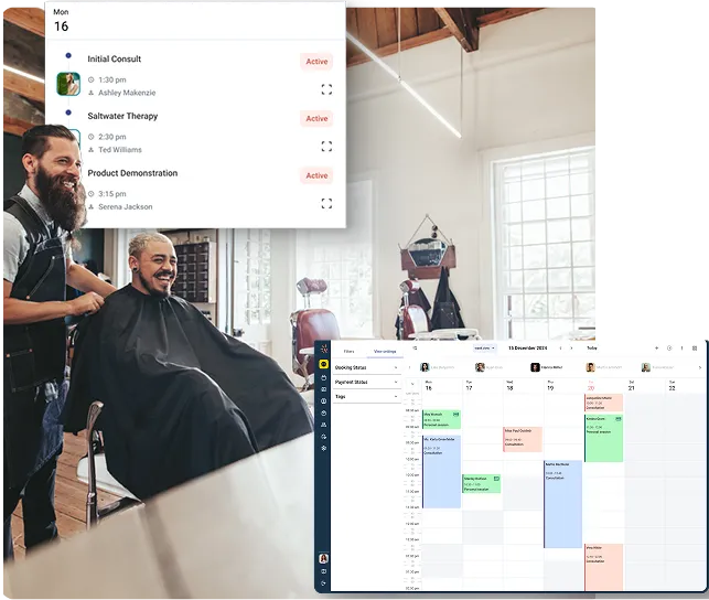 Barber smiling and cutting hair for a seated male customer in a modern barbershop with scheduling app overlays showing appointments and calendar.