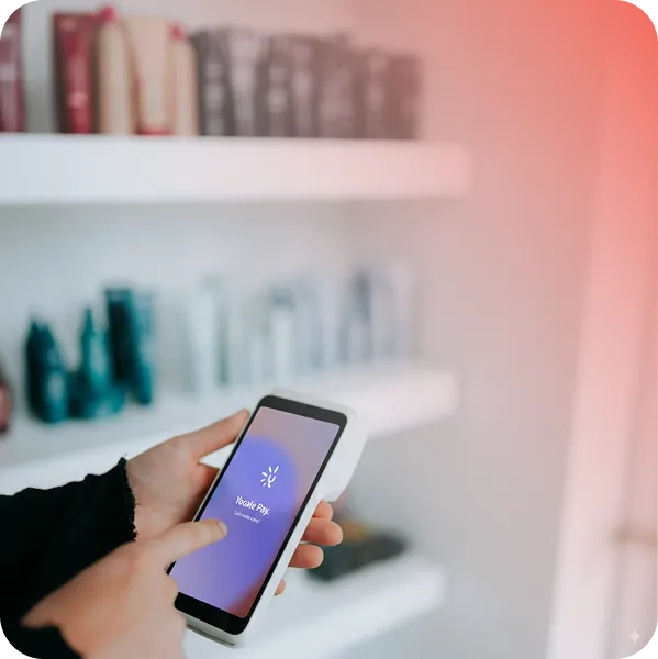 Person using a smartphone with the Vocale Pay app open on the screen.