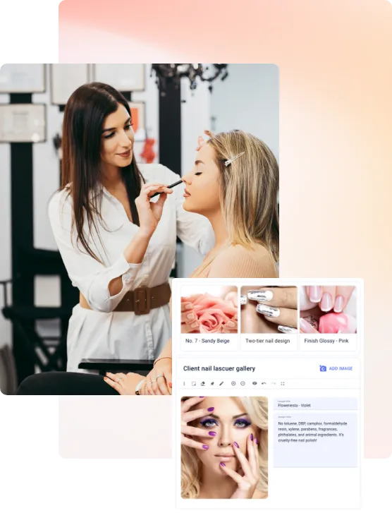 Makeup artist applying eyeliner to a seated blonde woman, with an overlay showing nail polish gallery and designs.
