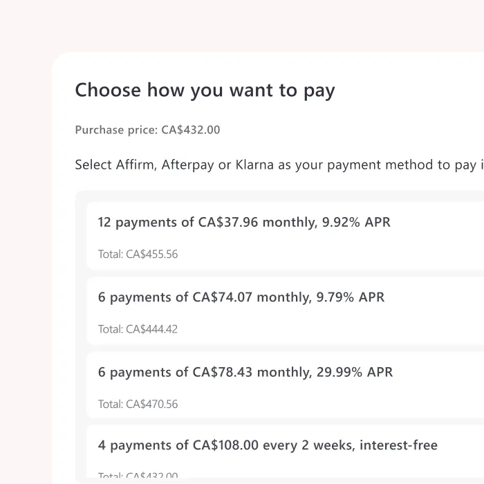 Payment options for CA$432 purchase showing plans: 12 monthly payments of CA$37.96 at 9.92% APR, 6 monthly payments of CA$74.07 at 9.79% APR, 6 monthly payments of CA$78.43 at 29.99% APR, and 4 payments of CA$108 every 2 weeks interest-free.