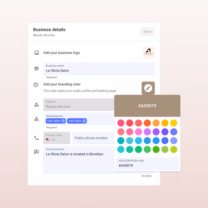 Business details form for Le Olivia Salon in the beauty services industry, with branding color picker showing color code #A59079 and subcategories Hair salon and Nail salon selected.