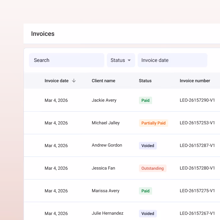Invoice table showing dates, client names, statuses including Paid, Partially Paid, Voided, Outstanding, and corresponding invoice numbers.