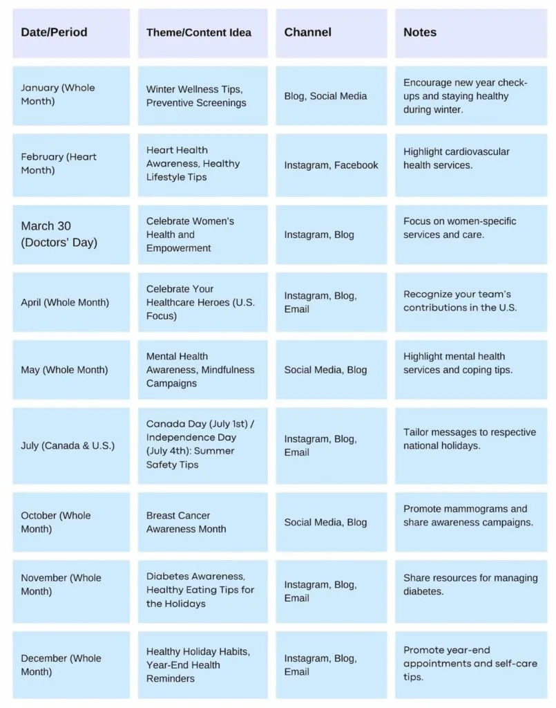 content calendar for north american clinics