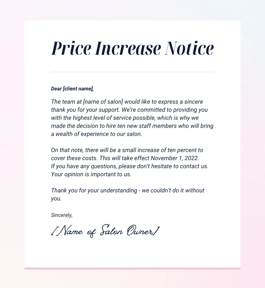 Salon price increase notice letter 