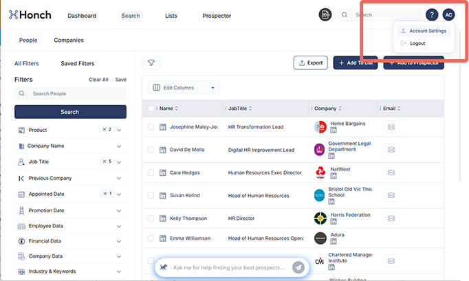 Open account settings in Honch