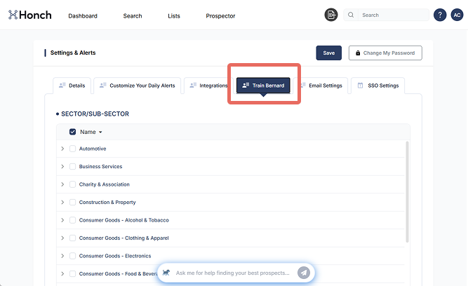 Select Train Bernard tab in Honch settings