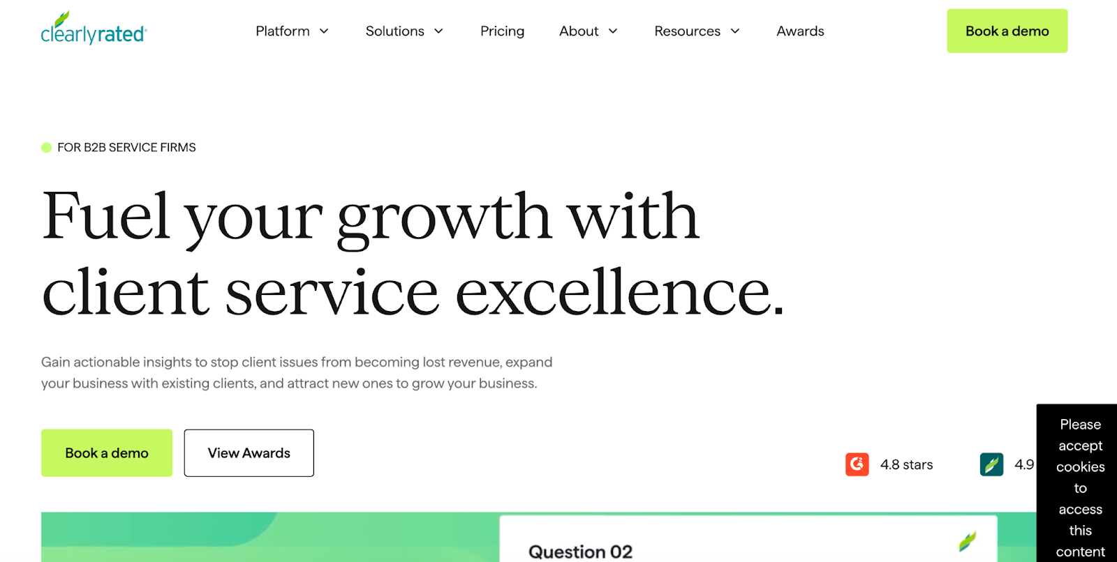 ClearlyRated homepage promoting client service excellence for B2B firms