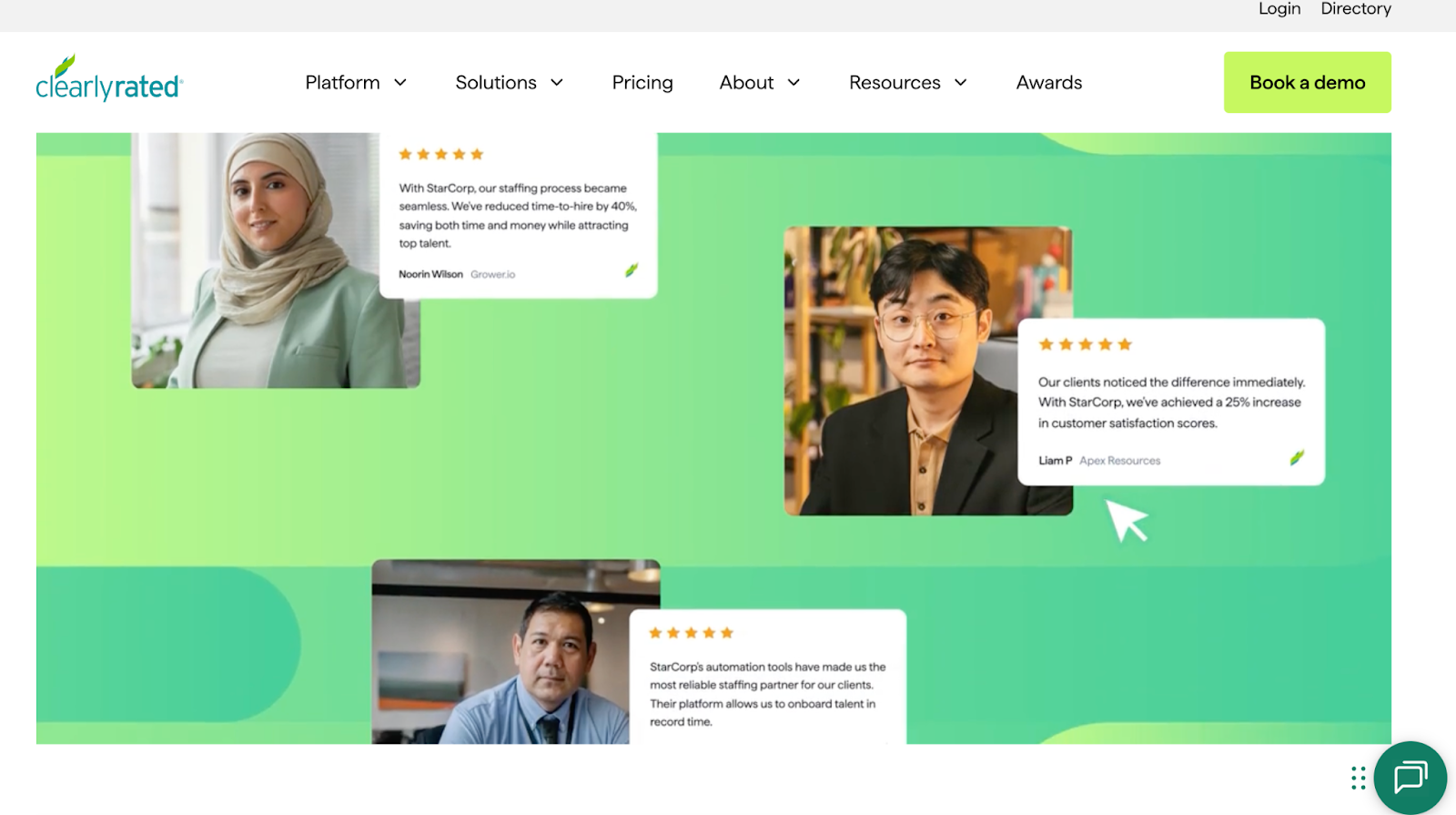 ClearlyRated showing client testimonials with photos and reviews