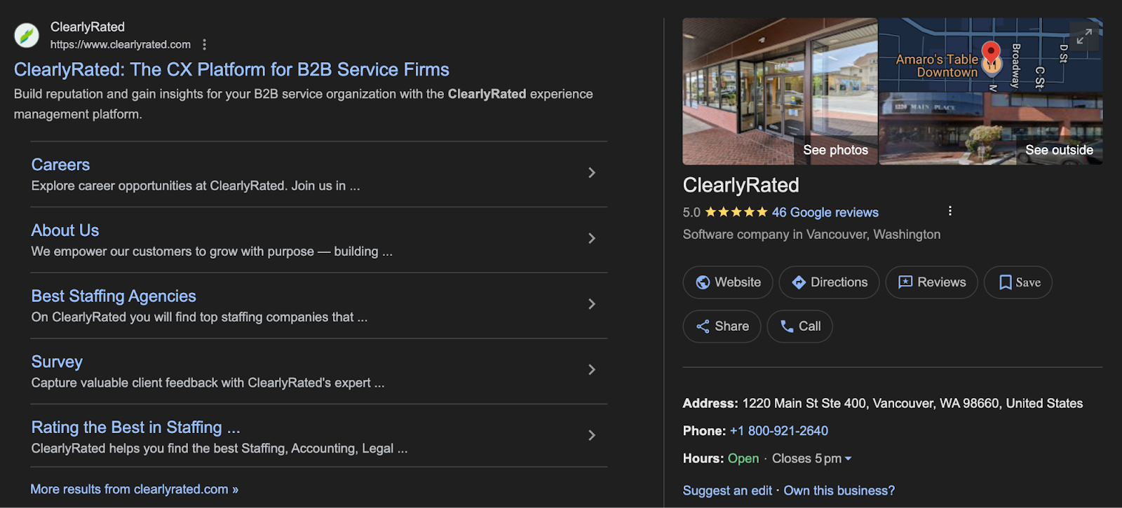 ClearlyRated business listing on Google with details 