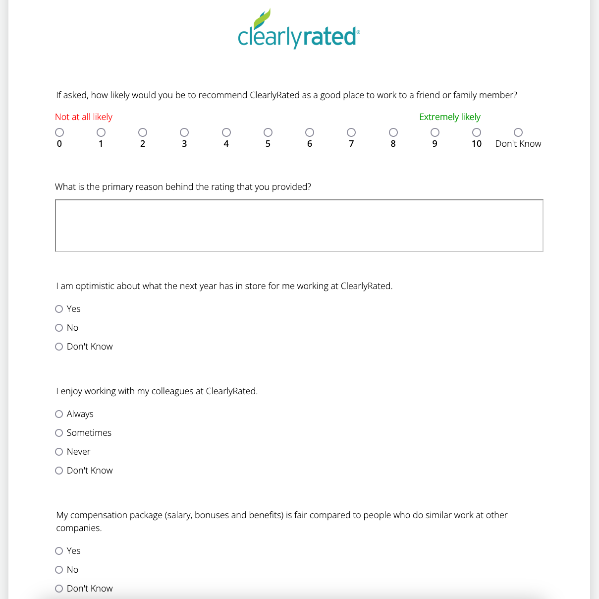 Industry-specific survey questions by ClearlyRated