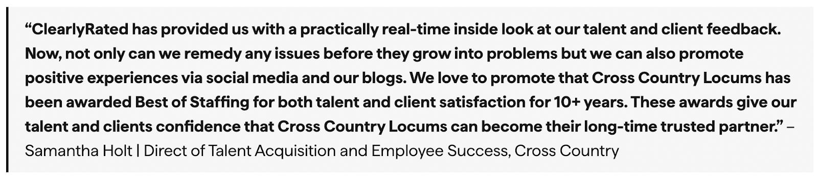 Testimonial from Cross Country Locums on ClearlyRated benefits