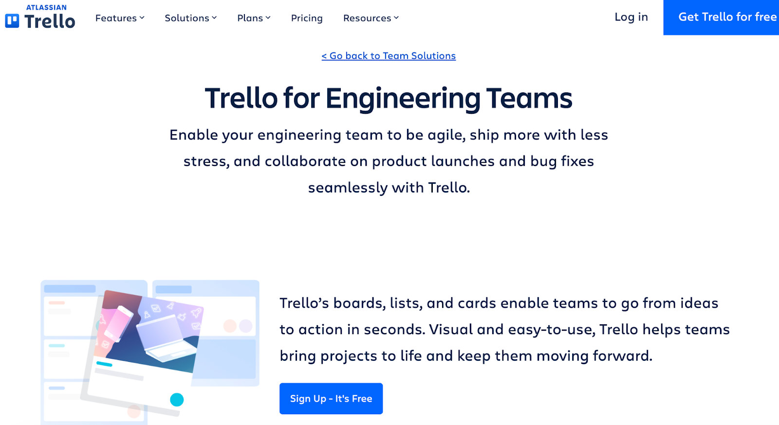 Trello’s site shows features for engineering teams