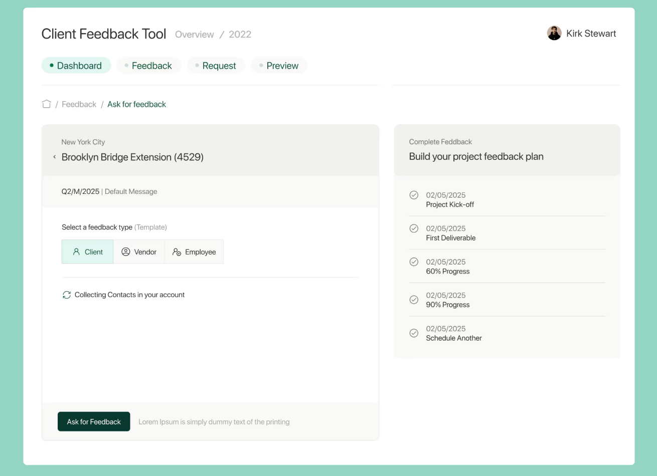 Client Feedback Tool showing AEC project milestone timelines