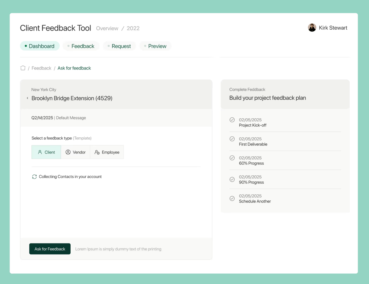  Client feedback dashboard with project timeline