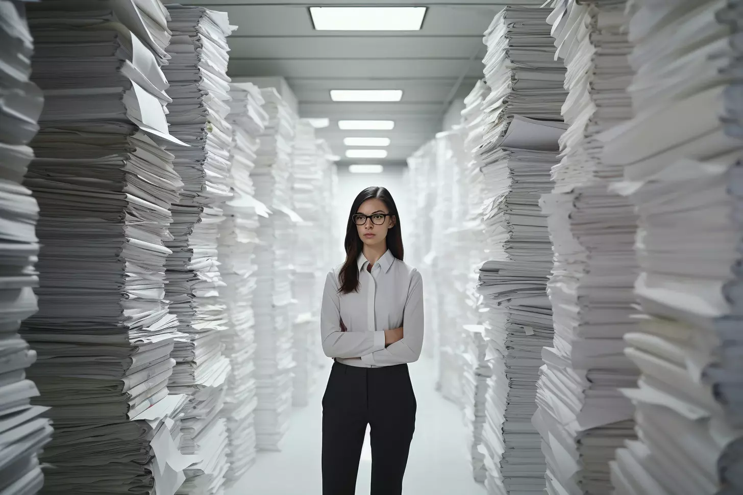 Woman standing between towering stacks of paper documents
