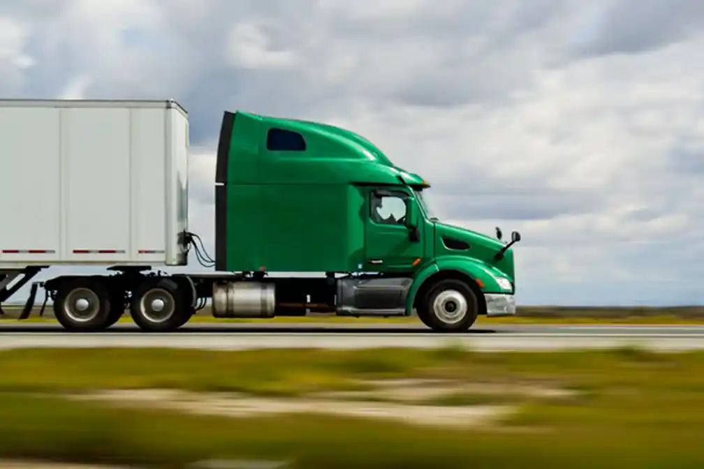 Green semi-truck pulling a white trailer on a highway