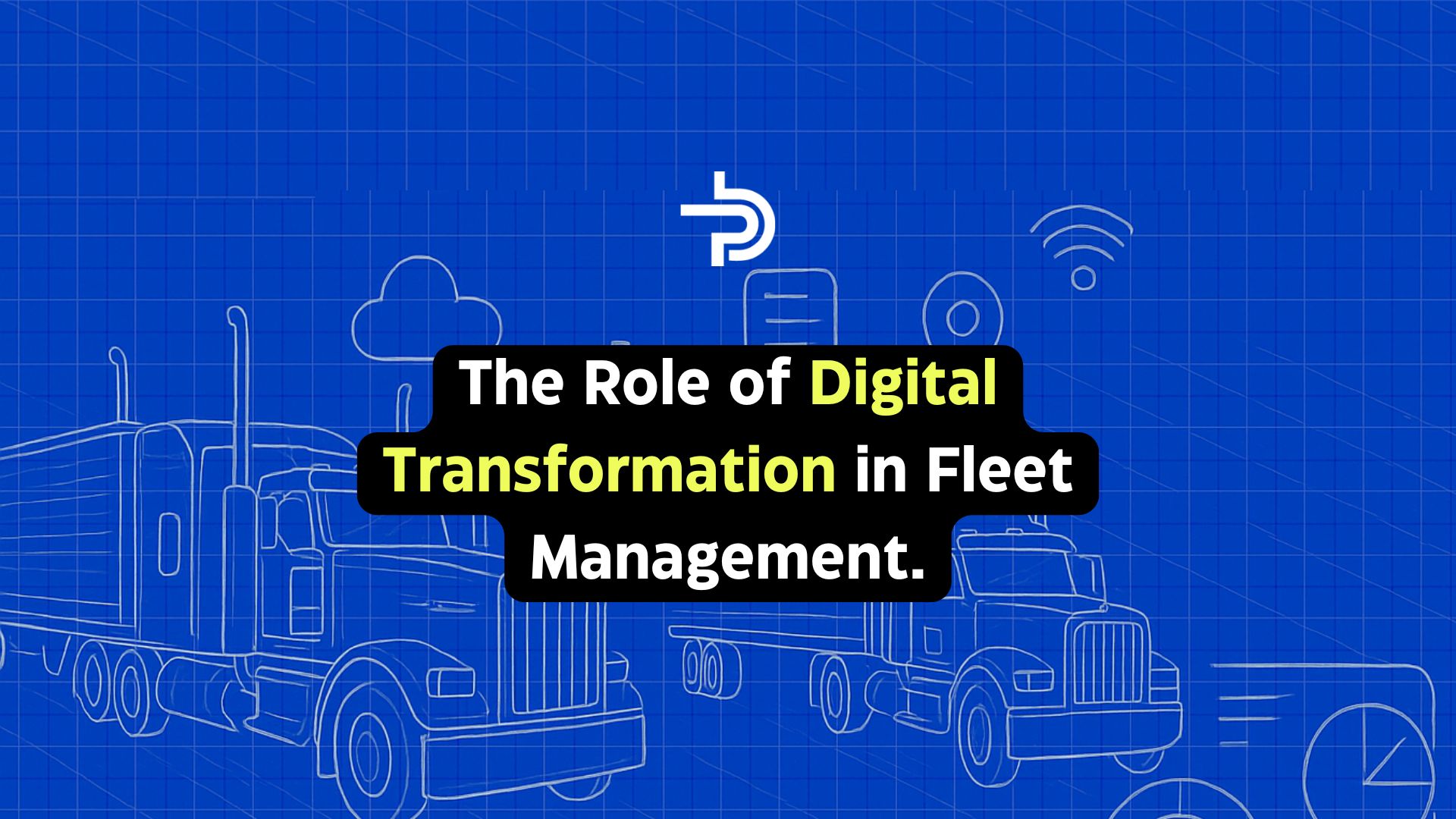 Blueprint-style illustration of semi-trucks for digital transformation in fleet management