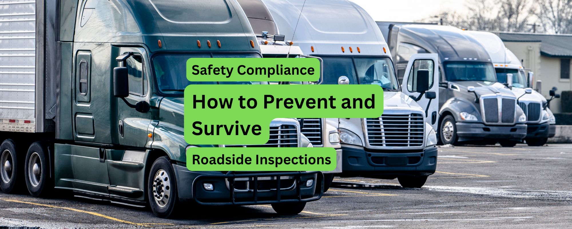 Semi-trucks parked in a lot with DOT roadside inspection headline