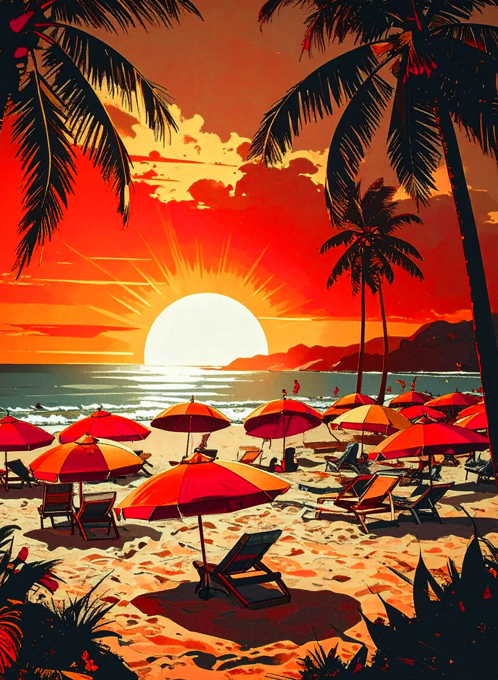 Image de l'atelier d'écriture Meurtre sous 40° sur Pochade, représentant une plage avec des transat et parasols, au coucher de soleil, dans tes tons très rouges et orangés.