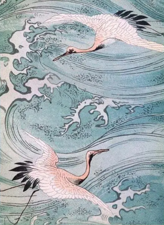 Image de l'atelier d'écriture Courants sur Pochade, une estampe japonaise ancienne représentant deux hérons dans un fond aquatique (de l'eau, des vagues, de l'écume).