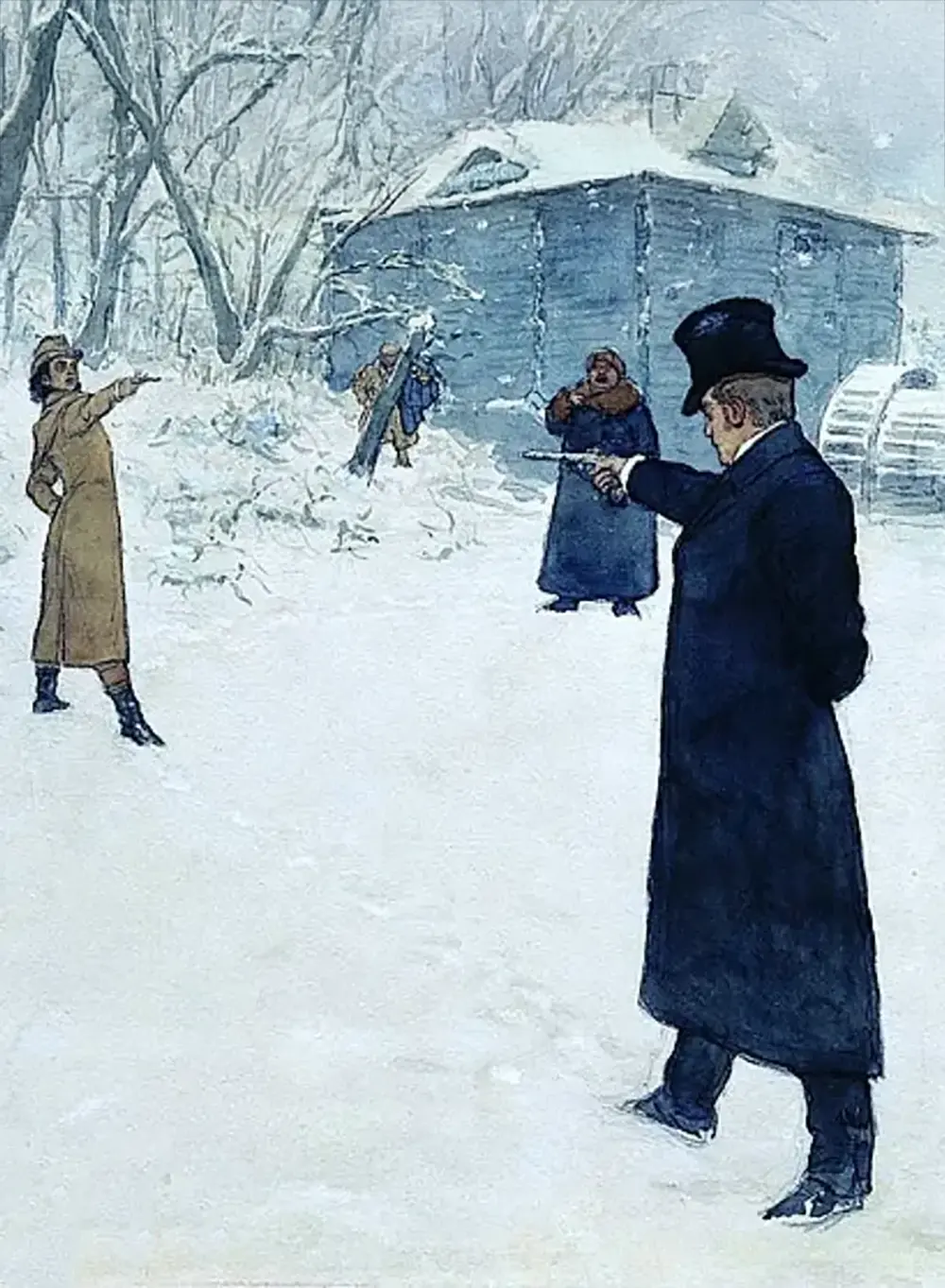 Image de l'atelier d'écriture Lettre de duel sur Pochade, représentant des personnages en plein duel, dans la neige.