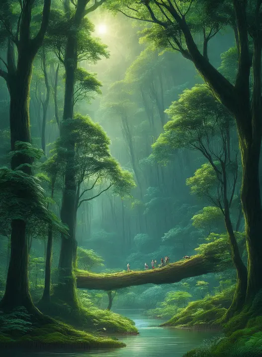 Image de l'atelier d'écriture La forêt les abrite sur Pochade, représentant un forêt avec de très grands arbres et une rivière, ainsi que de la lumière du soleil qui entre à travers les arbres.