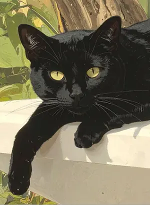 Image de l'atelier d'écriture Le regard du chat sur Pochade, représentant un chat noir allongé, avec les yeux jaunes.