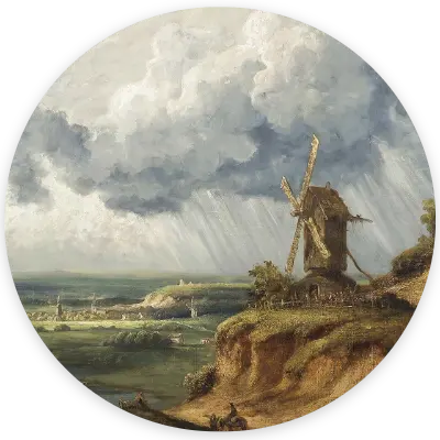 Image de l'atelier d'écriture L'image 01 sur Pochade, un atelier sur lequel le thème d'écriture est une image. Ici il s'agit du tableau Le Moulin d’Argenteuil, de Georges Michel. La toile représentent un paysage de campagne avec un moulin au premier plan, et plus loin un village dans un champ, ainsi qu'un ciel pluvieux.