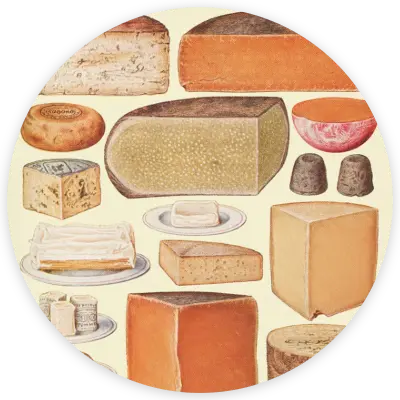 Visuel de l'atelier d'écriture "Fromage" sur Pochade, représentant plusieurs coupes de fromages dans les ton jaunes orangés, avec un style vintage.