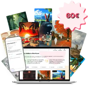 Écran d'ordinateur portable affichant un site web d'ateliers d'écriture, Pochade, entouré de cartes d'illustrations des ateliers d'écriture variées, avec un écran mobile ouvert sur l'éditeur de texte de l'application, et une étiquette rose indiquant 60€ en haut à droite.