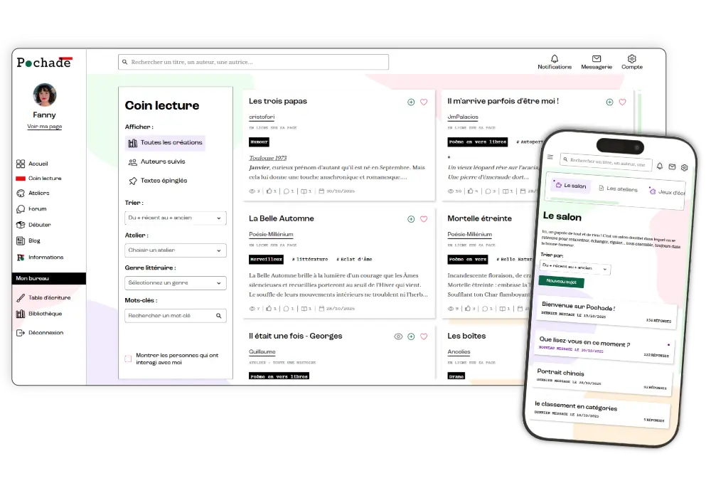Capture d'écran d'une interface web et mobile, Pochade la plateforme d'écriture, montrant l'espace de lecture, des listes de textes à lire gratuitement, et un menu de navigation latéral.