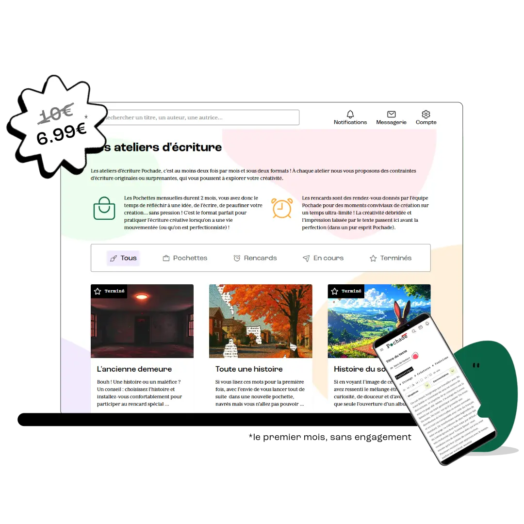 Capture d'écran d'une page web présentant des ateliers d'écriture avec une offre promotionnelle de 6,99 € au lieu de 10 €, incluant des pochettes mensuelles et des rendez-vous créatifs appelés rencards.