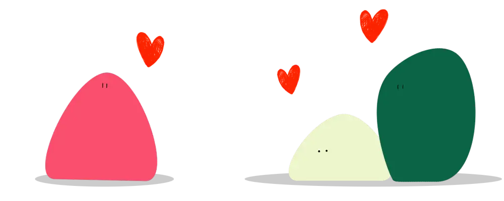 Petits personnages colorés et ronds avec des coeurs rouges.