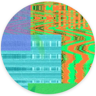 Badge de l'atelier d'écriture sur Pochade 1er Janvier 2026, représentant un visuel abstrait de bug dans des couleurs criardes vert, orange,  bleu et violet.