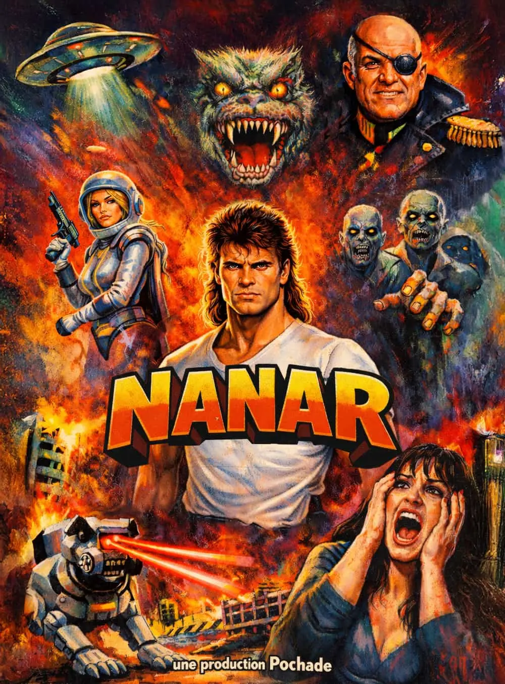 Visuel de l'atelier d'écriture Nanar sur Pochade, représentant une affiche de cinéma du genre nanar avec au premier plan un homme musclé, et en arrière plan des monstres, des zombies, une femme qui hurle, des explosion, une femme en combinaison spatiale. 