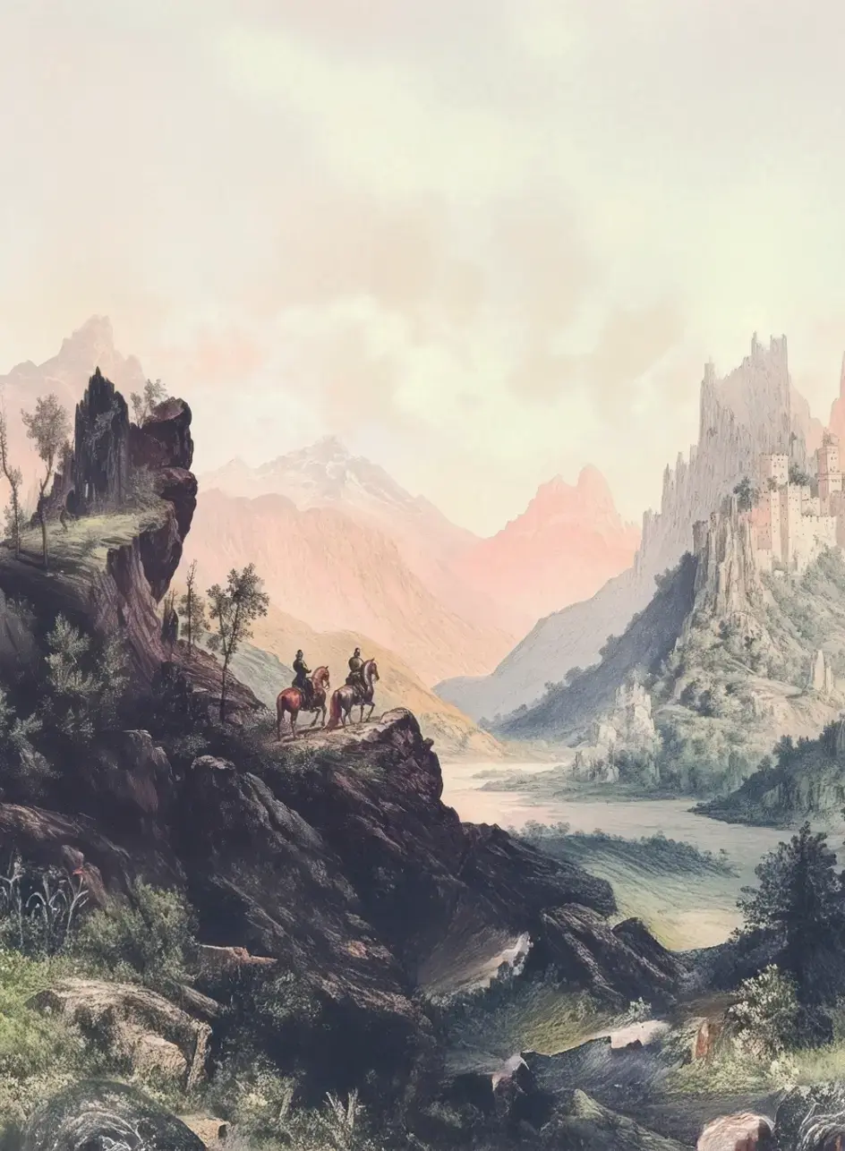 Visuel de l'atelier d'écriture Au destrier boiteux, représentant un paysage de monde fantasy : des rochers au premier plan, une vallée verdoyante au deuxième plan, et à l'arrière plan des montagne rosées et une forteresse. Deux cavaliers se trouvent au centre sur une pente de la montagne.