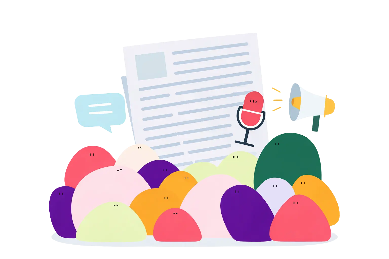 Visuel représentant les pochons (mascottes colorées et en forme de blob de pochade, la plateforme d'écriture) qui portent un journal, un micro de radio, un mégaphone.