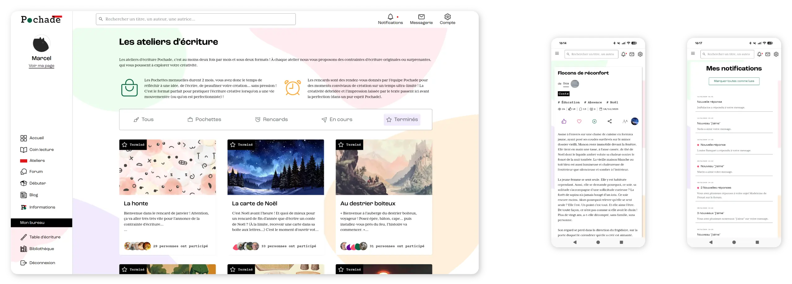 Interface d'application d'ateliers d'écriture Pochade affichant des ateliers terminés sur tablette et notifications sur smartphone.