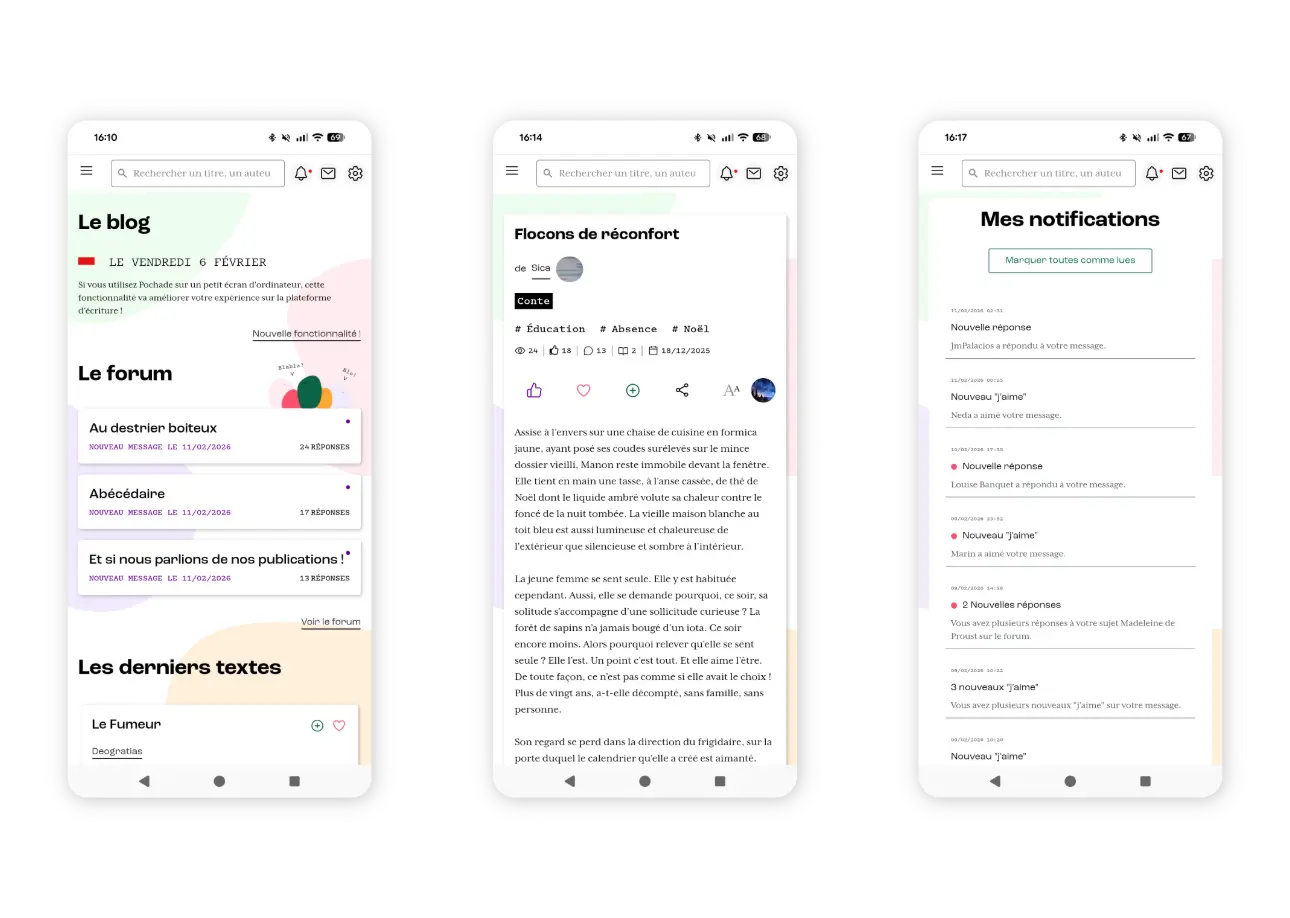 Capture d'écran de trois téléphones montrant une interface d'application en français avec un blog, un forum, des textes récents, un post détaillé intitulé Flocons de réconfort, et une section de notifications.