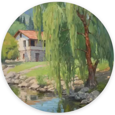 Peinture de l'atelier d'écriture sur Pochade  "L'image 02" représentant un paysage verdoyant, une maison près d'une rivière, sous des montagnes, près d'une forêt, avec un grand arbre près de la rive. 